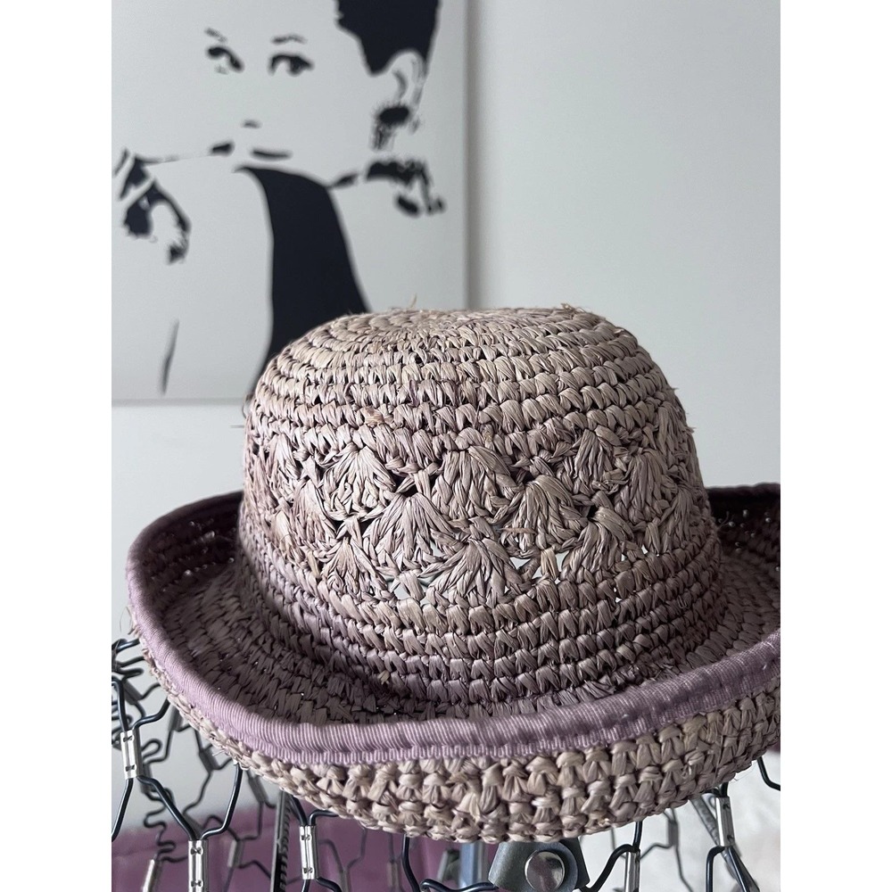 Vintage Style Handwoven Raffia Straw Cloche Sun Hat Mauve Purple Rolled‎ Brim